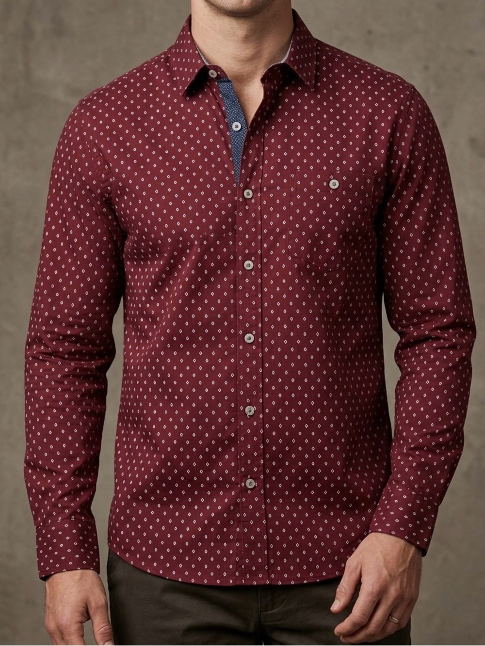 Men's Burgundy Patterned Long-Sleeve Button-Down Shirt